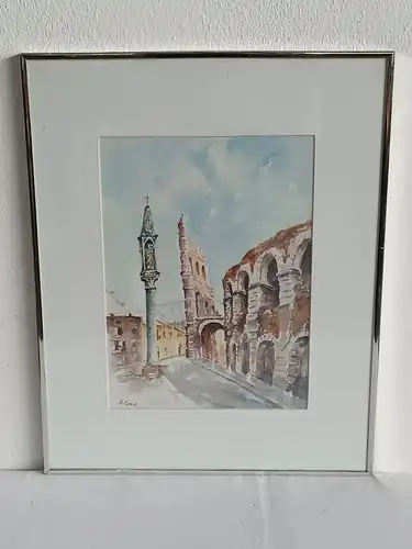 H247-Stadtbild-Ruine-Aquarell-Bild-Gemälde-signiert-gerahmt-