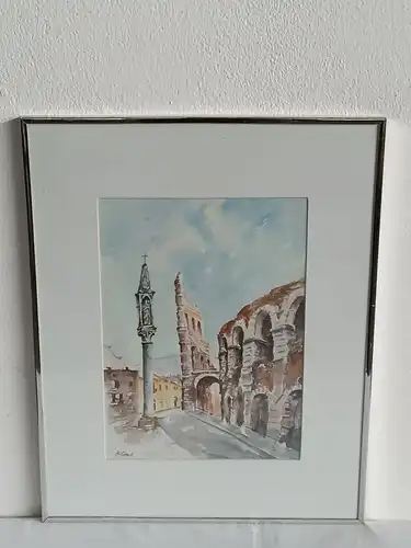 H247-Stadtbild-Ruine-Aquarell-Bild-Gemälde-signiert-gerahmt-