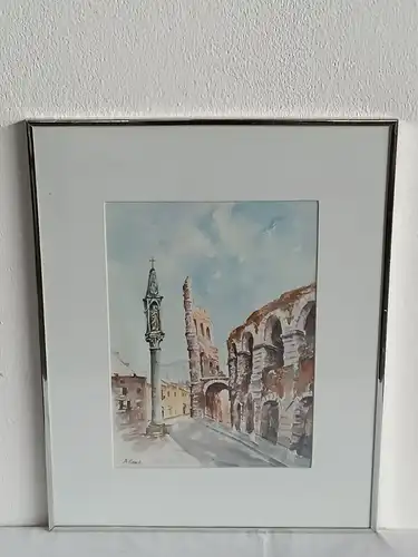 H247-Stadtbild-Ruine-Aquarell-Bild-Gemälde-signiert-gerahmt-