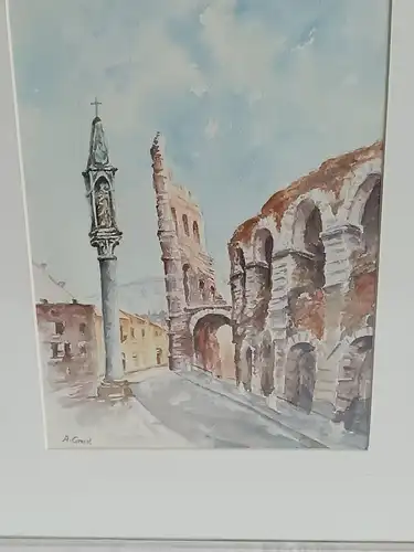 H247-Stadtbild-Ruine-Aquarell-Bild-Gemälde-signiert-gerahmt-