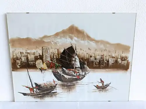 H253-Gemälde-Öl auf Leinen-Bild-Schiffe am Meer-Ölbild-hinter Glas-
