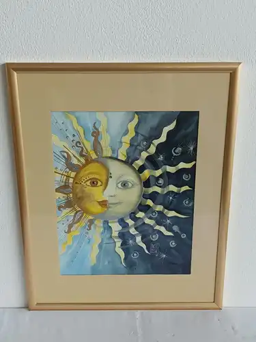 H265-Bild-Kosmos-Sonne-Mond-Gemälde-Aquarell-Passepartout-signiert-gerahmt-
