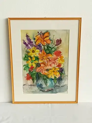 H274-Stillleben-Gemälde-Bild-Aquarell-Blumen in der Vase-gerahmt-Passepartout-