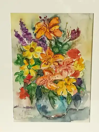 H274-Stillleben-Gemälde-Bild-Aquarell-Blumen in der Vase-gerahmt-Passepartout-