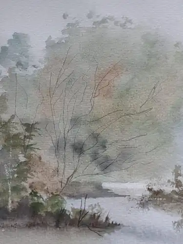 H283-Landschaftsbild-Gemälde-Bild-Aquarell-Passepartout-gerahmt-signiert-datiert