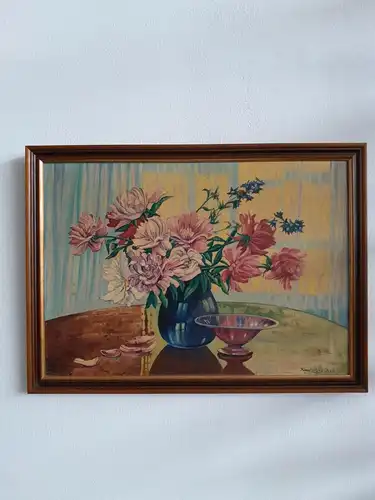 H287-Stillleben-Öl auf Holz-Gemälde-Bild-Ölbild-gerahmt-Blumen in einer Vase-