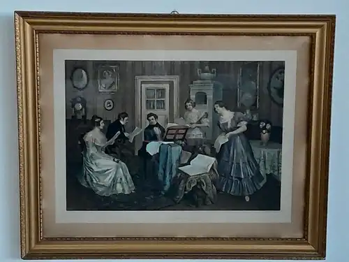 H318-Gemälde-Farbdruck-Bild-Druck-Schubert im Dreimäderlhaus-gerahmt-