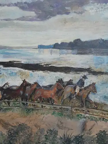 H317-Landschaftsbild-Öl auf Leinen-Gemälde-Bild-Der Pferdehändler-gerahmt-