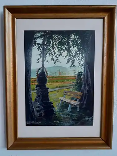 H332-Gemälde-Bild-Aquarell-älteste Oktavglocke der Welt-signiert-gerahmt-