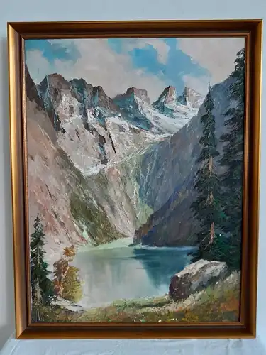 H334-Landschaftsbild-Öl auf Leinen-Gemälde-Bild-Bergsee-Malerei-gerahmt-