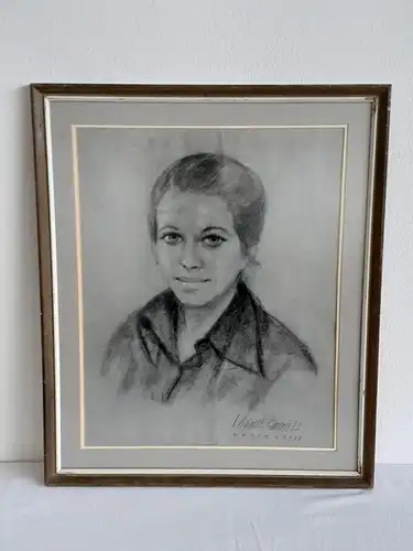 H384-gerahmte Kohlezeichnung-Portrait-Bild-Gemälde-Kohlezeichnung-Frauenportrait