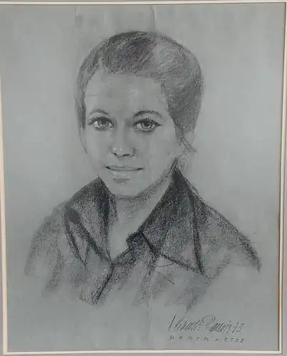 H384-gerahmte Kohlezeichnung-Portrait-Bild-Gemälde-Kohlezeichnung-Frauenportrait