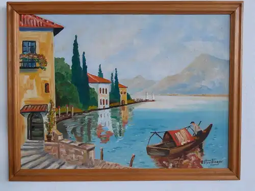 H348-Ölgemälde-Landschaftsbild-Öl auf Leinen-Gemälde-Bild-Ölbild-Boot am Meer-