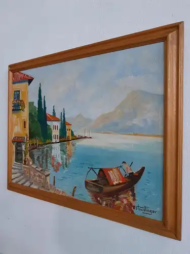 H348-Ölgemälde-Landschaftsbild-Öl auf Leinen-Gemälde-Bild-Ölbild-Boot am Meer-