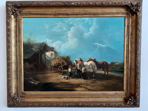 H342-Ölgemälde-Prunkrahmen-Landschaftsbild-Gemälde-Bild-Ölbild-Bauernfamilie-Öl