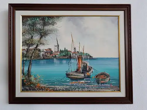 H346-Ölgemälde-Gemälde-Landschaftsbild-Öl auf Leinen-Ölbild-Boote am Meer-Bild