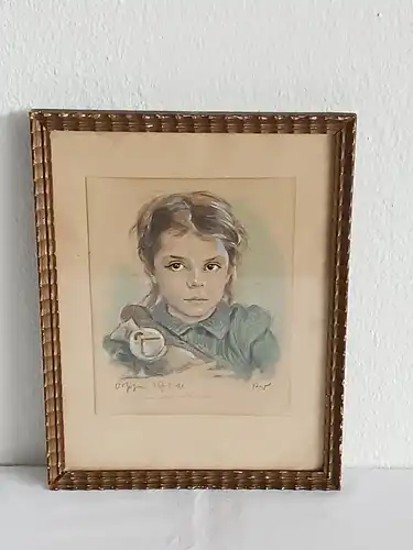 H180-Portrait-Gemälde-Bild-signiert-gerahmt-Kinderportrait hinter Glas-Mischtech
