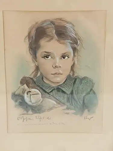 H180-Portrait-Gemälde-Bild-signiert-gerahmt-Kinderportrait hinter Glas-Mischtech