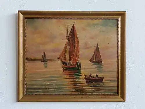 H129-Öl auf Holz-gerahmt-Gemälde-Bild-Segelboote-Ölgemälde-Ölbild-
