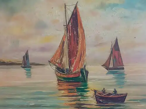 H129-Öl auf Holz-gerahmt-Gemälde-Bild-Segelboote-Ölgemälde-Ölbild-