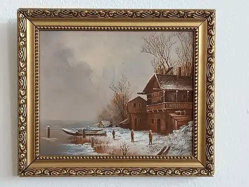 H141-Ölgemälde-Landschaftsbild-Bild-Haus am See-Öl auf Leinen-Gemälde-Ölbild-ger