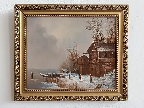 H141-Ölgemälde-Landschaftsbild-Bild-Haus am See-Öl auf Leinen-Gemälde-Ölbild-ger