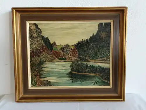 H150-Ölgemälde-Landschaftsbild-Bergsee-signiert-Öl auf Leinen-Bild-Gemälde-Ölbil