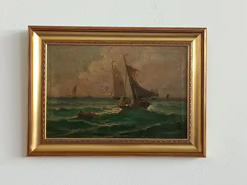 H170-Ölgemälde-Bild-Segelboote am Meer-Ölbild-Landschaftsbild-Gemälde-gerahmt