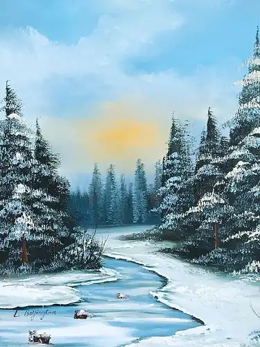 H124-Winterlandschaft-Ölgemälde-Bild-Landdschaftsgemälde-Ölbild-gerahmt-Gemälde