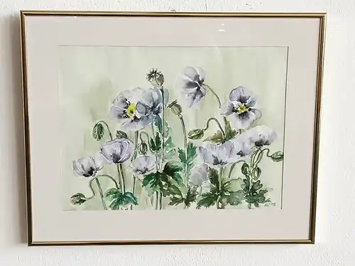 H121-Aquarell hinter Glas-Blumenwiese-Gemälde-Stillleben-Bild-Aquarell-gerahmt