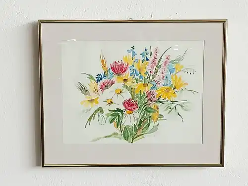 H120-Aquarell hinter Glas-Gemälde-Stillleben-Bild-Blumenstrauß-Aquarell-gerahmt