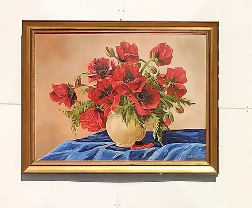 N2-Gemälde-Ölbild-Mohnblume-Blumenbild-signiert-gerahmt-datiert-Ölgemälde-Bild