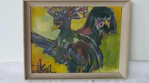 H97-Gemälde-Bild-Ölgemälde-Öl auf Holz-"der Vogel"-Ölbild-signiert-