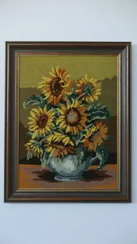 H78-Gobelin-Sonnenblume-Vase-Gemälde-Bild-gerahmt