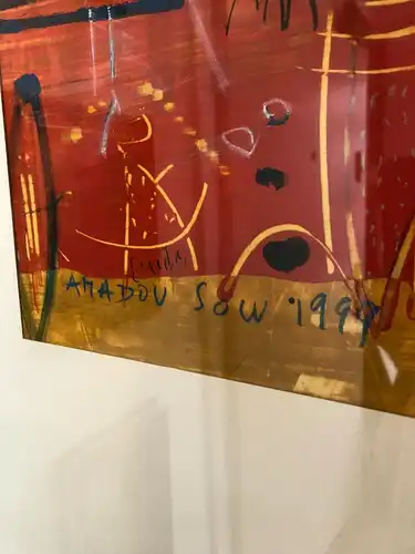 3864-Bild-Gemälde-signiert-gerahmt-hinter Glas-Amadou Sow 1999