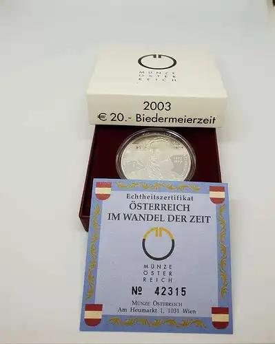 Münze Österreich 20 Euro 2003 Biedermeierzeit PP mit Zertifikat