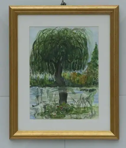 6039D-Aquarell-Bild-Gemälde-Baum am See-signiert-M.Riedel-Aquarellbild-gerahmt-h