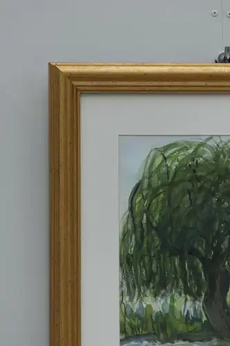 6039D-Aquarell-Bild-Gemälde-Baum am See-signiert-M.Riedel-Aquarellbild-gerahmt-h