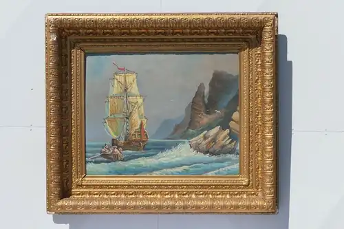6009-Ölgemälde-Prunkrahmen-Segelschiff-gerahmt-Bild-Gemälde-Öl auf Holz-Ölbild-