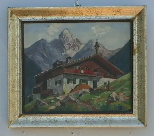 6020-Ölgemälde-datiert 1953-Gemälde-Bild-Bergbauernhof-Öl auf Holz-gerahmt-signi