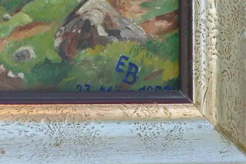 6020-Ölgemälde-datiert 1953-Gemälde-Bild-Bergbauernhof-Öl auf Holz-gerahmt-signi