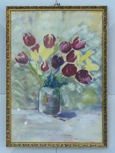 2022D-Gemälde-Aquarell auf Karton-gerahmt-Blumenvase-Tulpen-Bild-Aquarellbild-