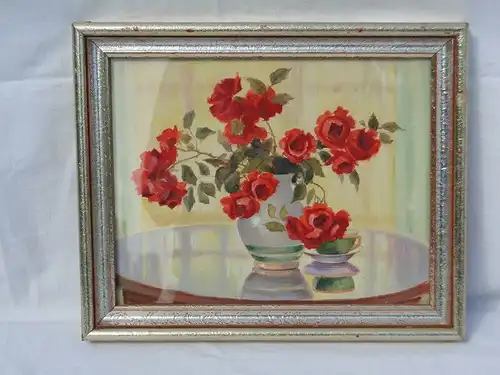 5705D-Aquarell- Bild auf Karton- rote Blumen in Vase - hinter Glas- Aquarellbild