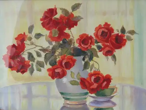 5705D-Aquarell- Bild auf Karton- rote Blumen in Vase - hinter Glas- Aquarellbild
