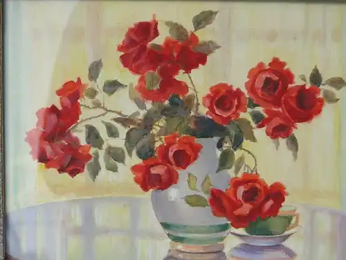 5705D-Aquarell- Bild auf Karton- rote Blumen in Vase - hinter Glas- Aquarellbild