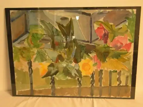 3026/T3- Aquarell-Blumen auf einem Balkon-Pflanzen-Wasserfarben--Stillleben