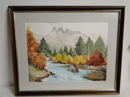 4018D/T82-Gemälde-nasses Pastell-gerahmt-Bergfluss-Wald im Herbst-signiert MS
