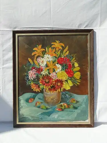 5725D-Bild - Öl auf Holz - Stillleben - Vase mit bunten Sommerblumenstrauß