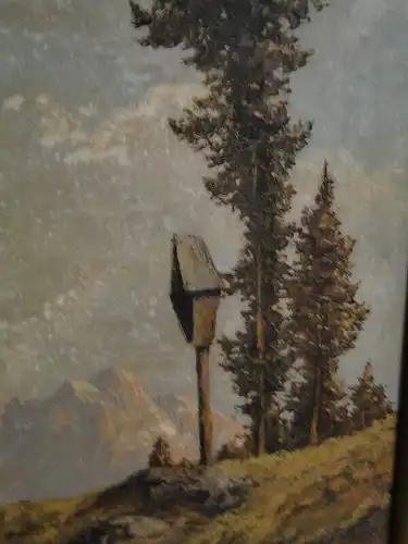 5066D-Gemälde-Öl auf Holz-Landschaft-Ölgemälde-Bild-Betsäule-signiert-P. Haller