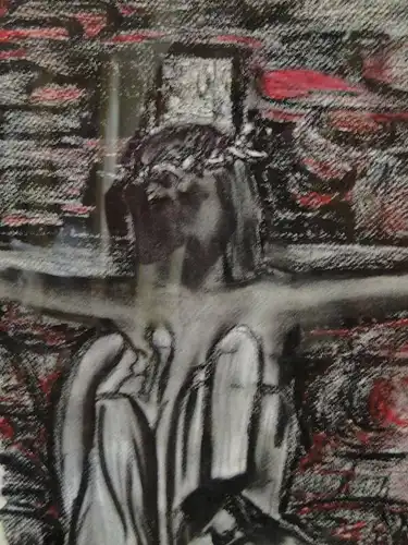 4008D/T71-Kohlestift und Ölpastel-Christus am Kreuz-Skizze-modernes Jesusbild